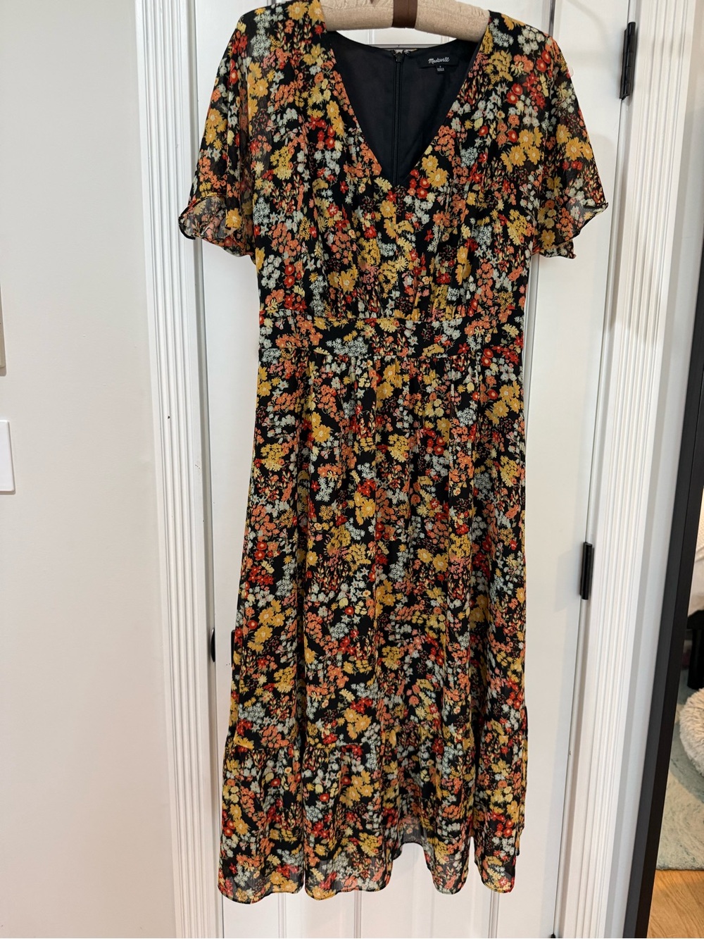 Madewell Black Floral Midi Dress with Yellow & Orange Bouquet